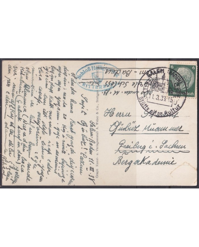 F-EX56787 GERMANY 1933-34 HINDENBURG 1938 6pf SALEM ARCHITECTURE SPECIAL CANCEL POSTCARD.