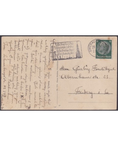 F-EX56788 GERMANY 1933-34 HINDENBURG 1938 6pf ZWICKAU SACH ARCHITECTURE SPECIAL CANCEL POSTCARD.