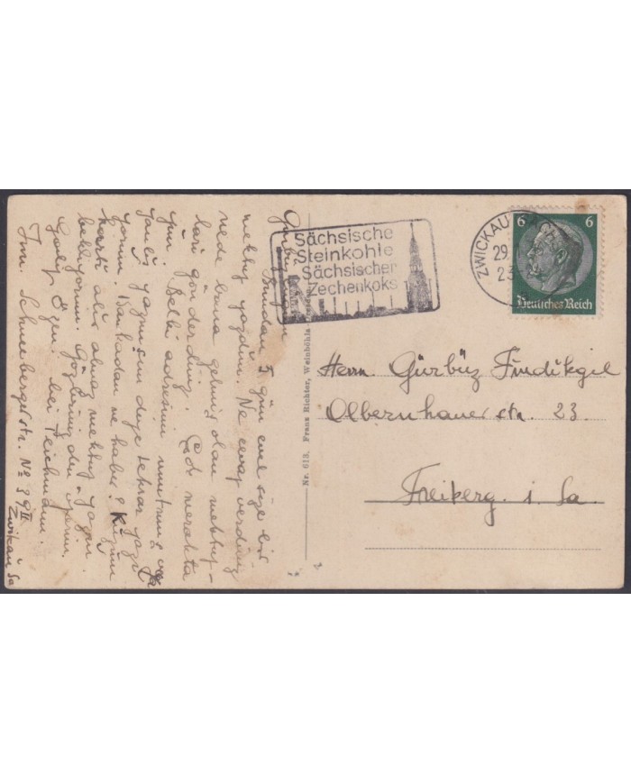 F-EX56788 GERMANY 1933-34 HINDENBURG 1938 6pf ZWICKAU SACH ARCHITECTURE SPECIAL CANCEL POSTCARD.
