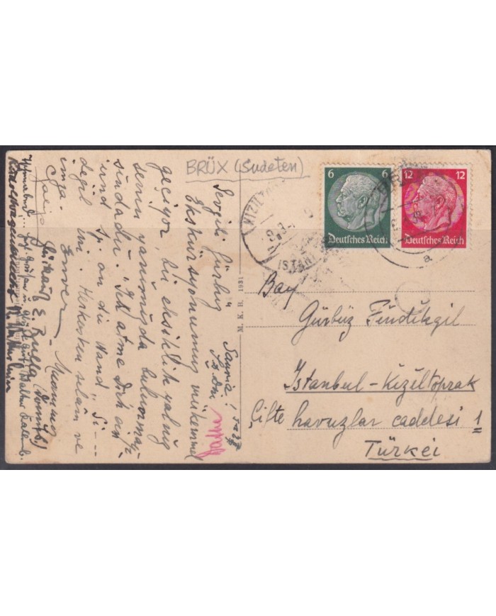 F-EX56791 GERMANY 1933-34 HINDENBURG 1939 6+12pf BRUX SUDETE  ISTAMBUL TURKEY.