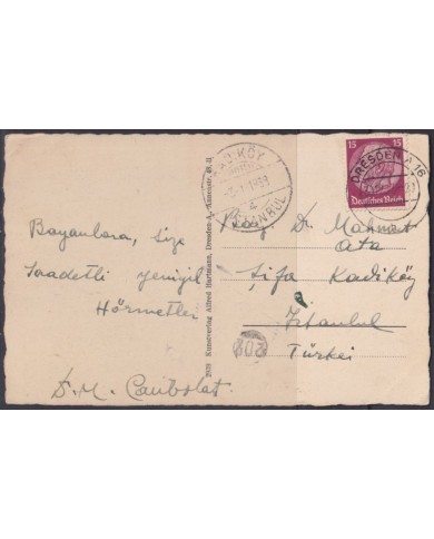 F-EX56797 GERMANY 1933-34 HINDENBURG 1939 15pf DESDEN - ISTAMBUL TURKEY POSTCARD
