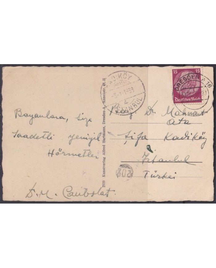 F-EX56797 GERMANY 1933-34 HINDENBURG 1939 15pf DESDEN - ISTAMBUL TURKEY POSTCARD