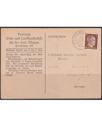 F-EX56649 GERMANY 1941-43 HITLER DEFINITIVE 1942 3pf HAREN SPECIAL CARD.