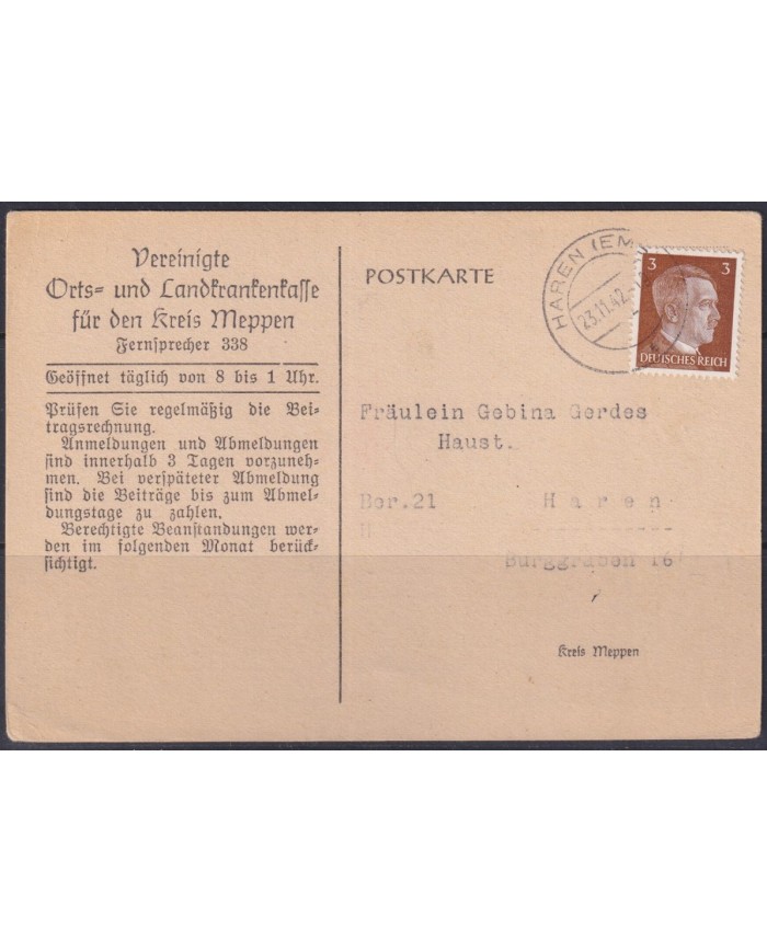 F-EX56649 GERMANY 1941-43 HITLER DEFINITIVE 1942 3pf HAREN SPECIAL CARD.