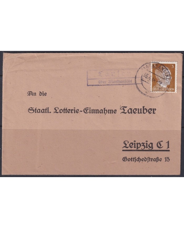 F-EX56648 GERMANY 1941-43 HITLER DEFINITIVE 1944 3pf LAUFEN LOTTERY COVER.