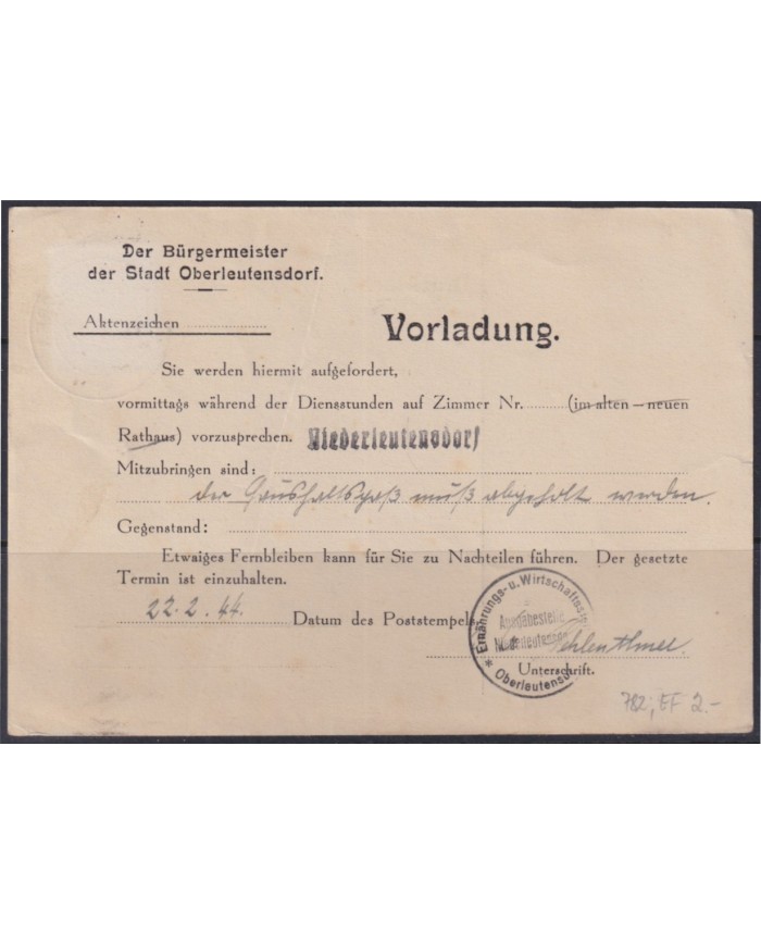 F-EX56647 GERMANY 1941-43 HITLER DEFINITIVE 1944 3pf OBERLEUTENSDORF SPECIAL CARD.
