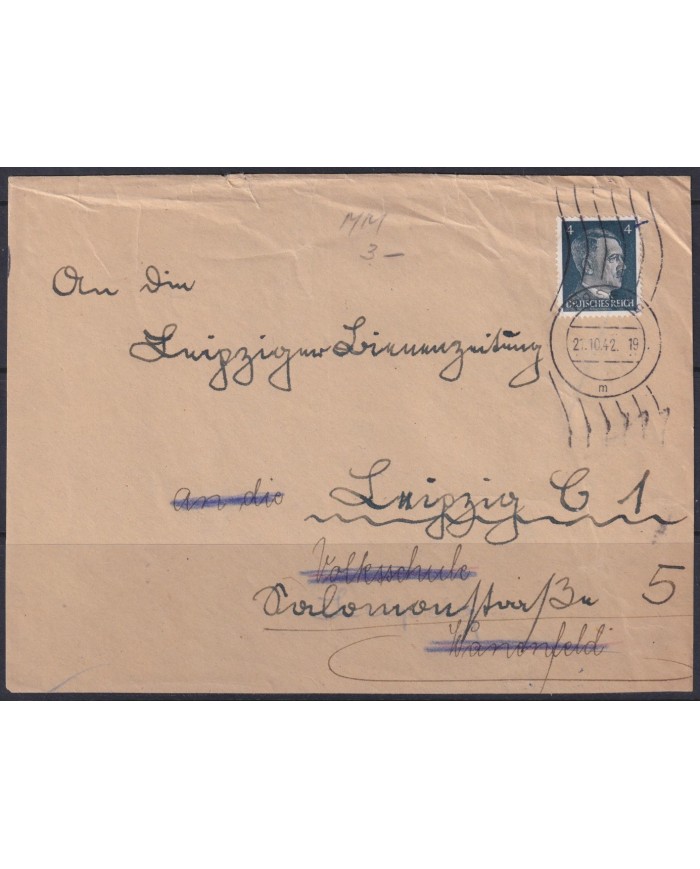 F-EX56666 GERMANY 1941-43 HITLER DEFINITIVE 1942 4pf POSEN FORWARDED FRONT COVER.