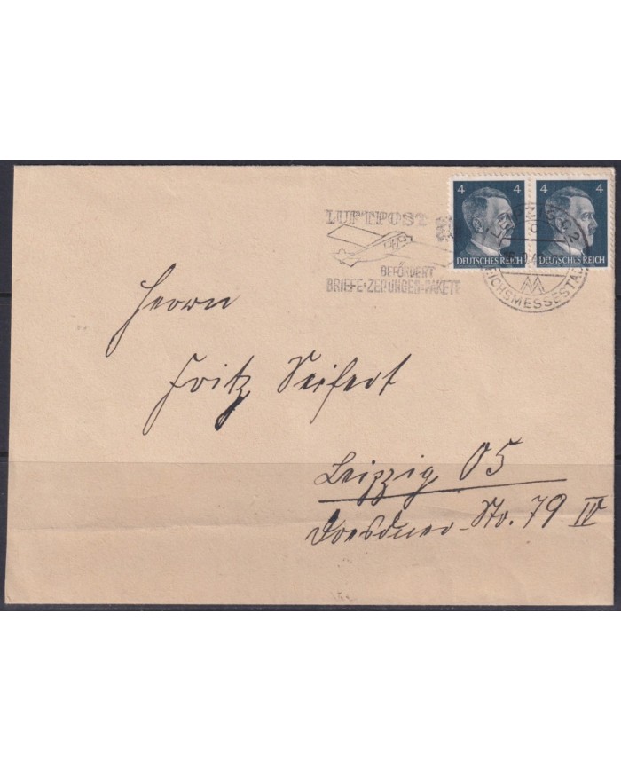F-EX56680 GERMANY 1941-43 HITLER DEFINITIVE 1942 4pf LEIPZIG FAIR SPECIAL AVION CANCEL COVER.