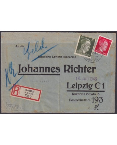 F-EX56704 GERMANY 1941-43 HITLER DEFINITIVE 1943 12+30pf EBENTHAL REGISTERED COVER.