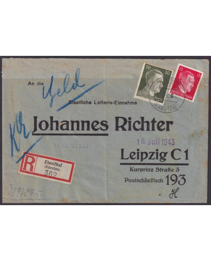 F-EX56704 GERMANY 1941-43 HITLER DEFINITIVE 1943 12+30pf EBENTHAL REGISTERED COVER.