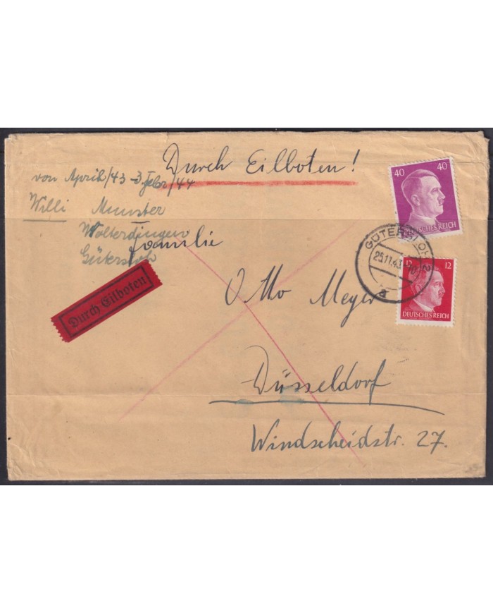 F-EX56718 GERMANY 1941-43 HITLER DEFINITIVE 1943 12+40pf GUTERSLOH EXPRESS COVER.