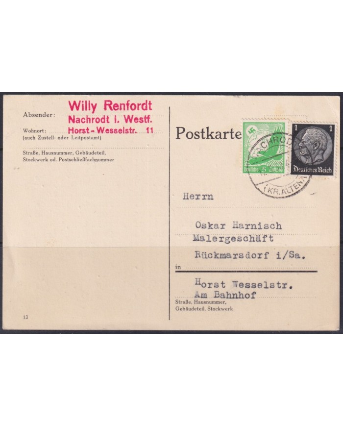 F-EX56643 GERMANY 1938 HINDENBURG 1pf + EAGLE NACHRODT SPECIAL CARD COVER.