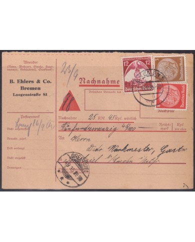 F-EX56719 GERMANY 1935 HINDENBURG + 12pf NURENBERG CONGRESS BREMEN CARD.