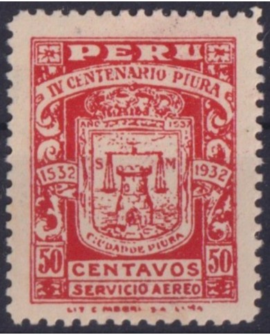 F-EX56983 PERU 1932 MH IV CENT FOUNDATION PIURA COAT OF ARMS +50€.