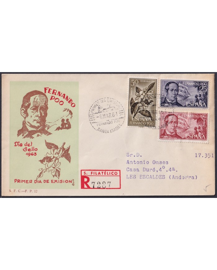 F-EX45741 ESPAÑA FERNANDO POO 1964 REG FDC STAMP DAY CHACON GOVERNOR FLOWER.