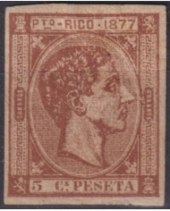 F-EX53999 SPAIN PUERTO RICO 1877 5c IMPERFORATED PROOF ALFONSO XII.
