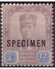 F-EX54292 STRAITS SETTLEMENTS MALAYSIA 1922 MH JOHORE 12c SPECIMEN.