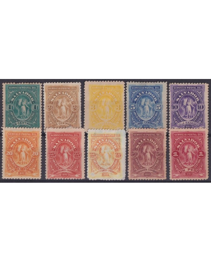F-EX56935 EL SALVADOR 1890 NO GUM LIBERTY WITH FLAG.