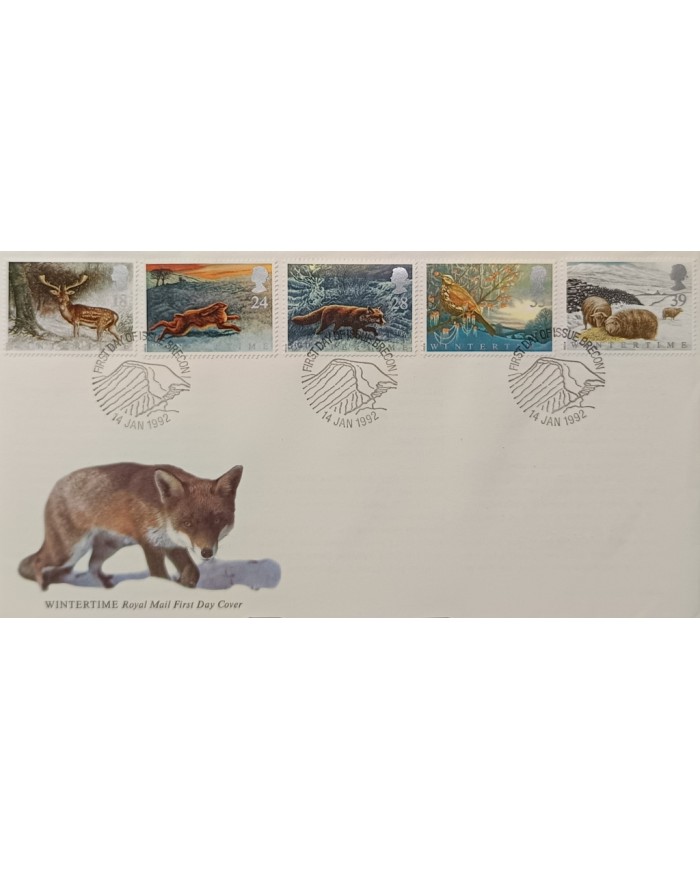 F-EX51480 UK ENGLAND FDC BRECON 1992 WINTERTIME FAUNA FOX SHEEP ANTELOPE RABBIT.