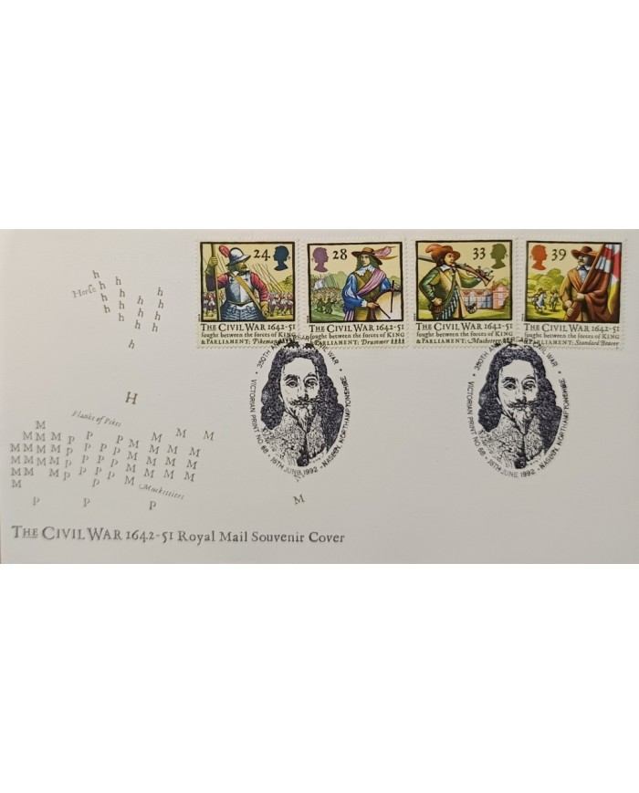 F-EX51493 UK ENGLAND FDC NORTHAMPTONSHIRE 1992 CIVIL WAR SOLDIER & ARMY.