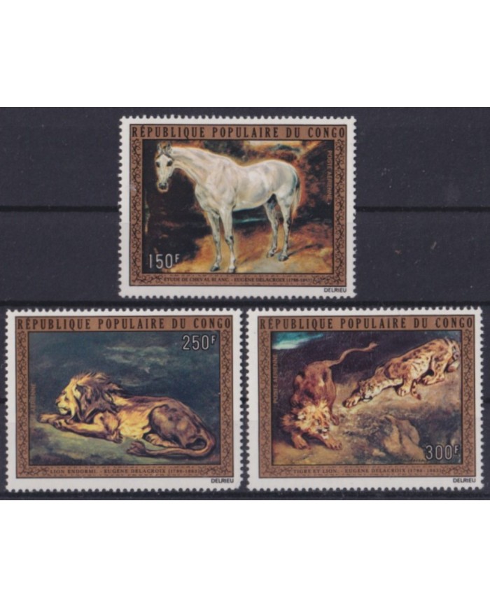 F-EX58620 CONGO MNH 1973 ART PAINTING EUGENE DELACROIX LION HORSE. F-EX58620 CONGO MNH 1973 ART PAINTING EUGENE DELACROIX LION HORSE.