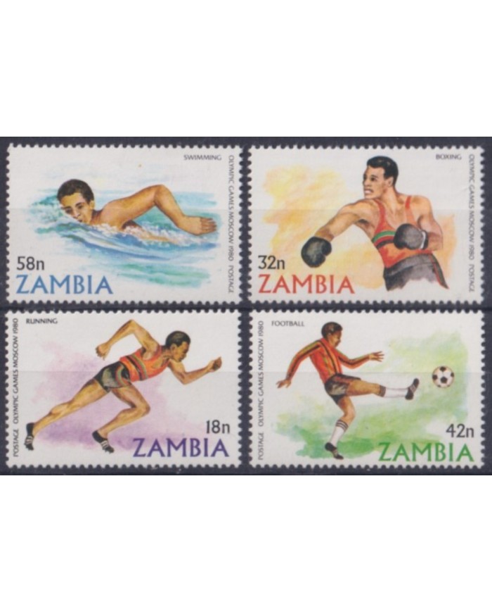 F-EX58533 ZAMBIA MNH 1980 MOSCOW OLYMPIC GAMES SOCCER SWIMMING BOXING.