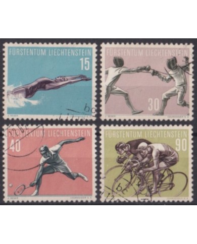 F-EX58986 LIECHTENSTEIN USED 1957 SPORT TENNIS CICLING SWIMMING FENCING. +25€.