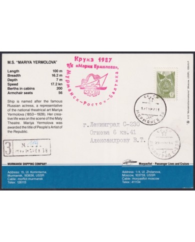 F-EX59076 RUSSIA 1987 MARIYA YERMOLOVA SHIP POLAR SPECIAL CANCEL REGISTERED CARD.