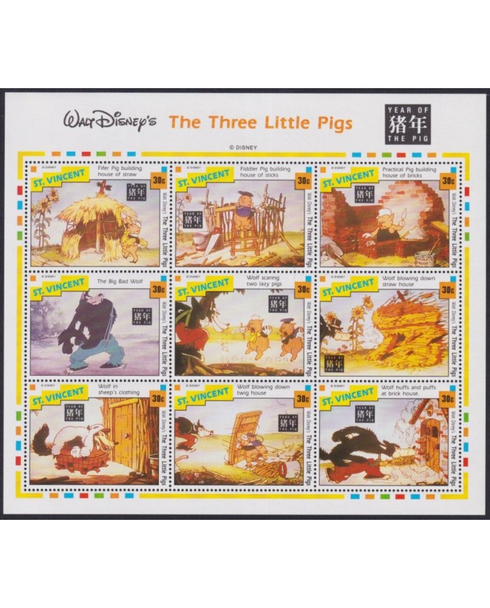 F-EX58025 ST VINCENT MNH 1992 THREE PIGS DISNEY CARTOON MOVIE CINEMA COMICS.