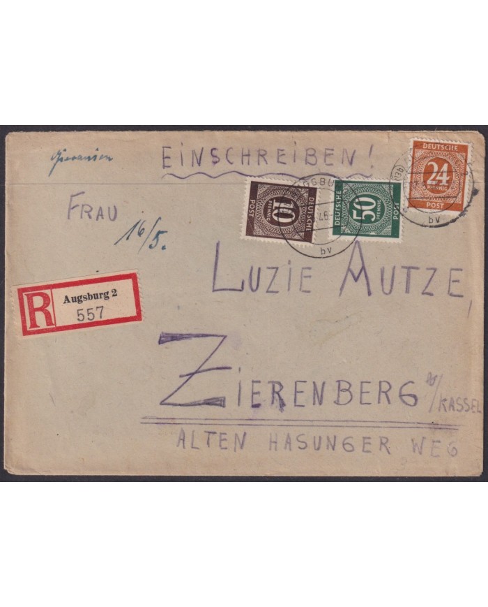 F-EX56596 GERMANY 1946 OCCUPATION ZONE REGISTERED COVER AUGSBURG.