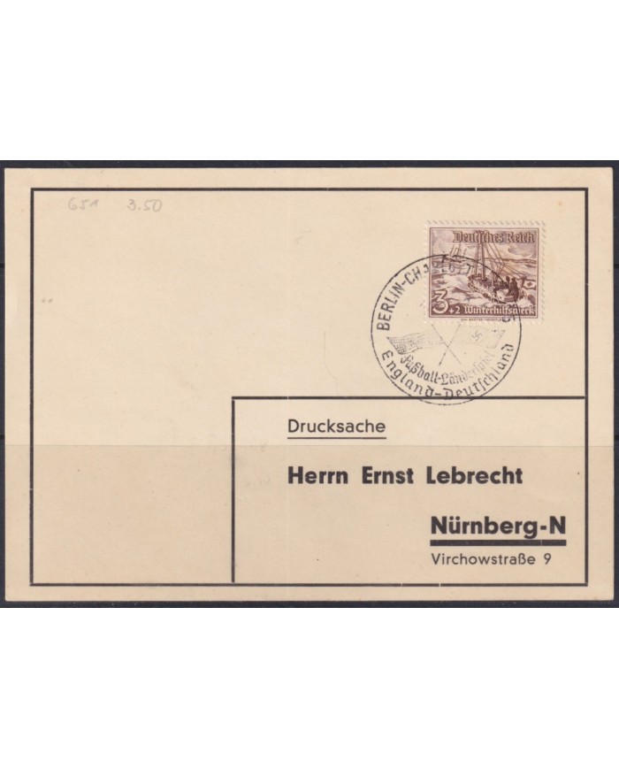 F-EX56655 GERMANY 193? SOCCER CUP GERMANY – ENGLAND CANCEL CARD.