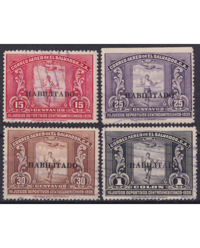 F-EX59549 EL SALVADOR 1935 USED AIRMAIL CENTROAMERICAN GAMES OVERPRINT RUNNER.