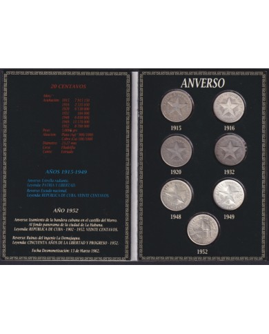 BK-SET-152 CUBA 20c SILVER SET 1915-1952. ALL YEAR MINTAGE.