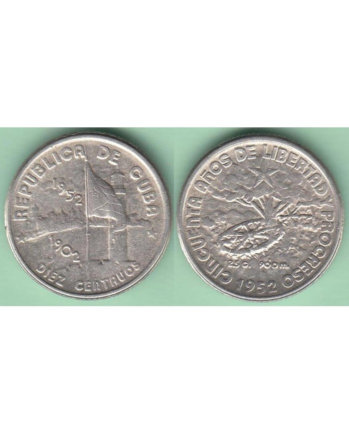 1952-MN-114 CUBA. KM 23. SILVER 10c. 2.5 gr. 1952. 50 ANIV REPUBLICA. INGENIO LA DEMAJAGUA. XF.
