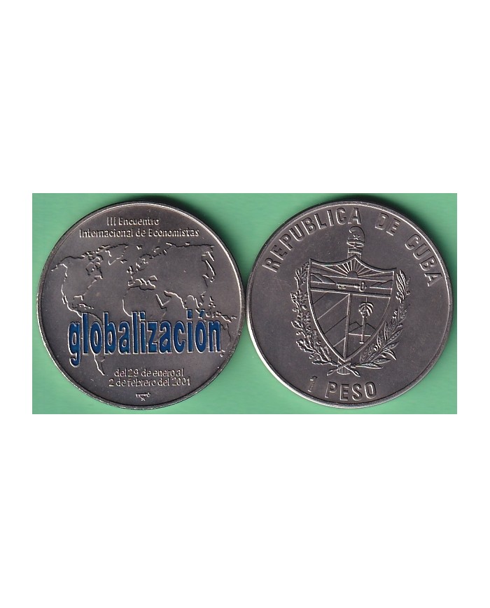 1999-MN-202 CUBA UNC 1$ CUPRO-NICKEL 1999. GLOBALIZACION ONLY 1200 MINTAGE. WITH COLOR.