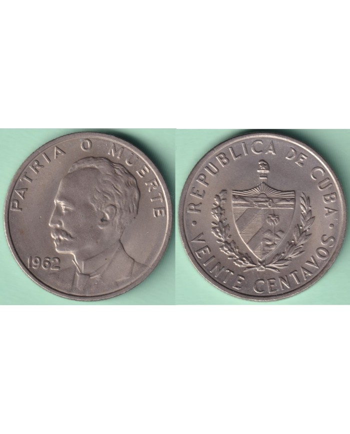 1962-MN-120 CUBA  20c JOSE MARTI 1962 NICKEL XF PLUS.