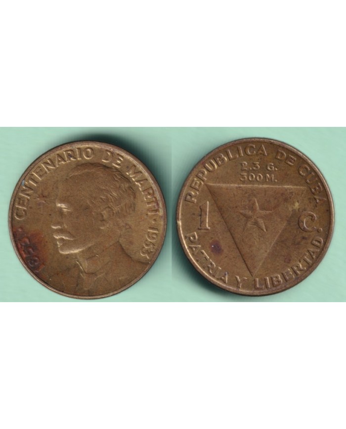 1953-MN-136 CUBA 1c STAR 1953 JOSE MARTI COPPER BRASS XF PLUS.