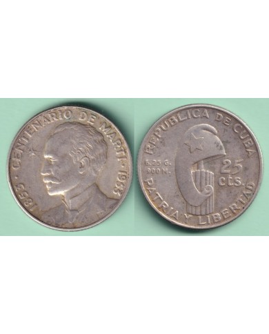 1953-MN-137 CUBA 25c STAR 1953 JOSE MARTI SILVER 6,25gr.