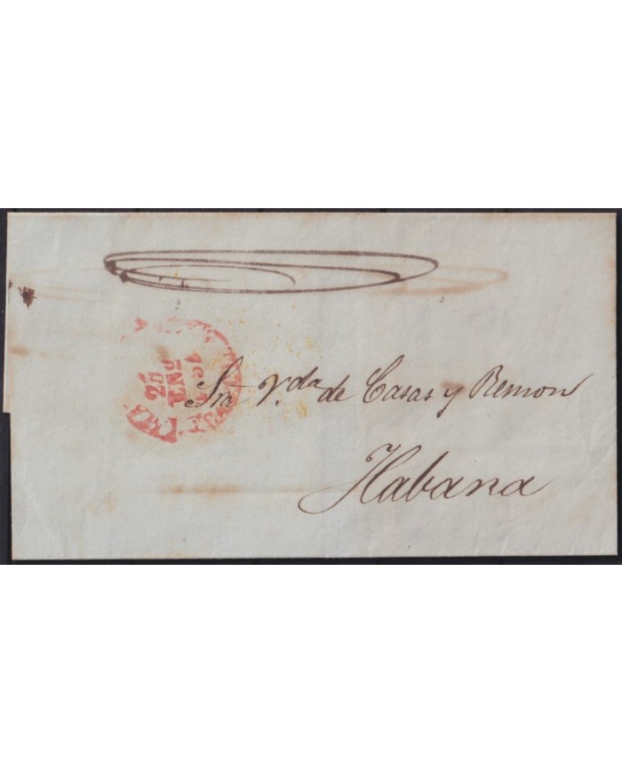 PREFI-803 ESPAÑA SPAIN 1851 COVER TO CUBA “EMPRESA. ESPAÑA” YELLOW POSTMARK.