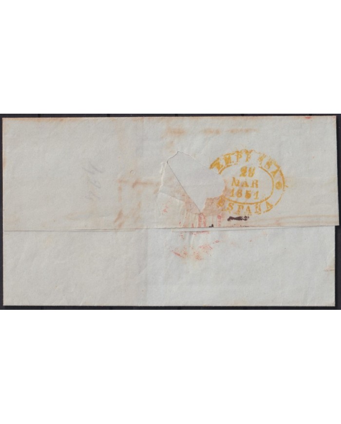 PREFI-803 ESPAÑA SPAIN 1851 COVER TO CUBA “EMPRESA. ESPAÑA” YELLOW POSTMARK.