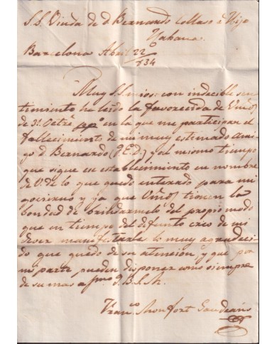 PREFI-807 ESPAÑA SPAIN 1834 “CATALUÑA” BARCELONA COVER TO CUBA “E” POSTMARK OF MARITIME EMPRESA.
