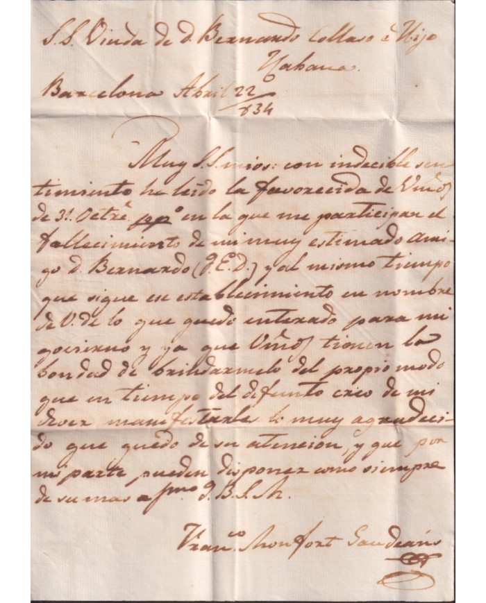 PREFI-807 ESPAÑA SPAIN 1834 “CATALUÑA” BARCELONA COVER TO CUBA “E” POSTMARK OF MARITIME EMPRESA.