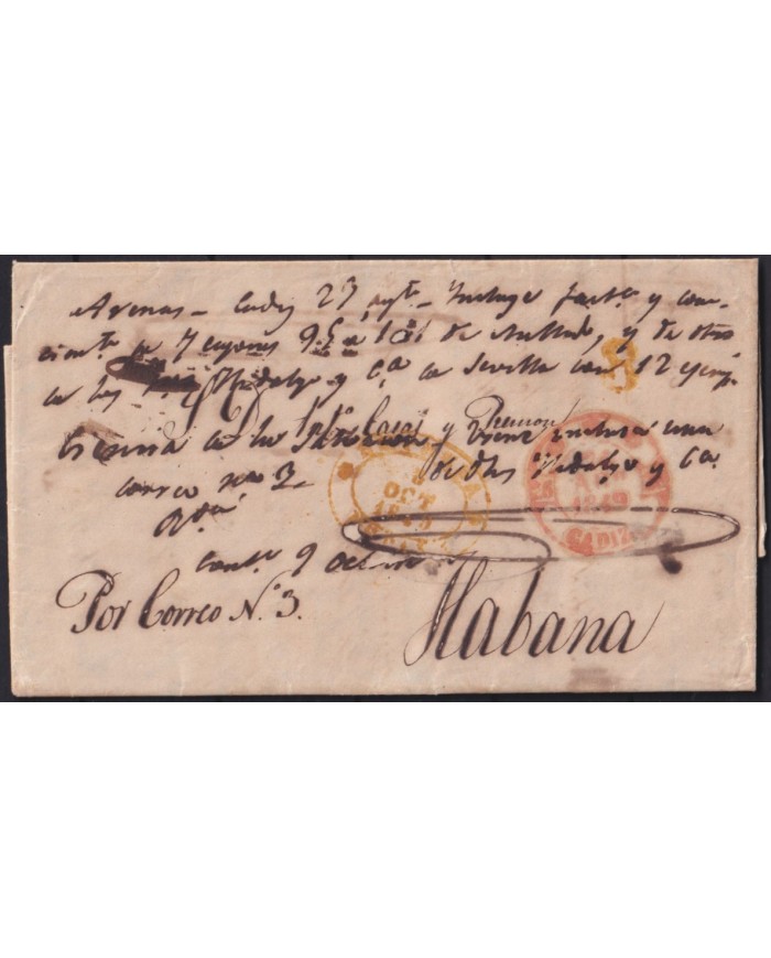 PREFI-806 ESPAÑA SPAIN 1849 COVER TO CUBA “EMPRESA. ESPAÑA” YELLOW POSTMARK.