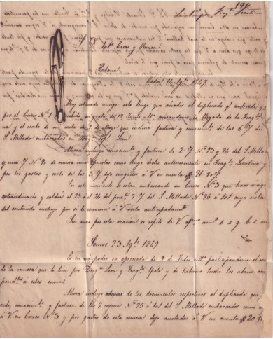 PREFI-806 ESPAÑA SPAIN 1849 COVER TO CUBA “EMPRESA. ESPAÑA” YELLOW POSTMARK.