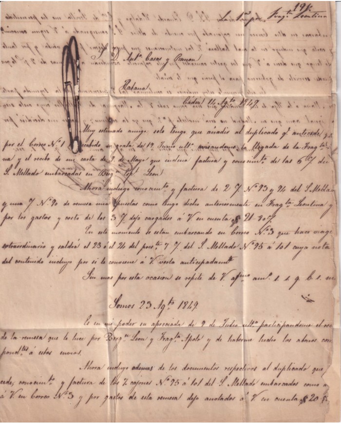 PREFI-806 ESPAÑA SPAIN 1849 COVER TO CUBA “EMPRESA. ESPAÑA” YELLOW POSTMARK.