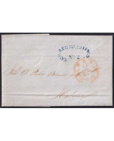 PREFI-810 ESPAÑA SPAIN 1845 CADIZ COVER TO CUBA “CORREO MARTIMO Nº2” BLUE POSTMARK.