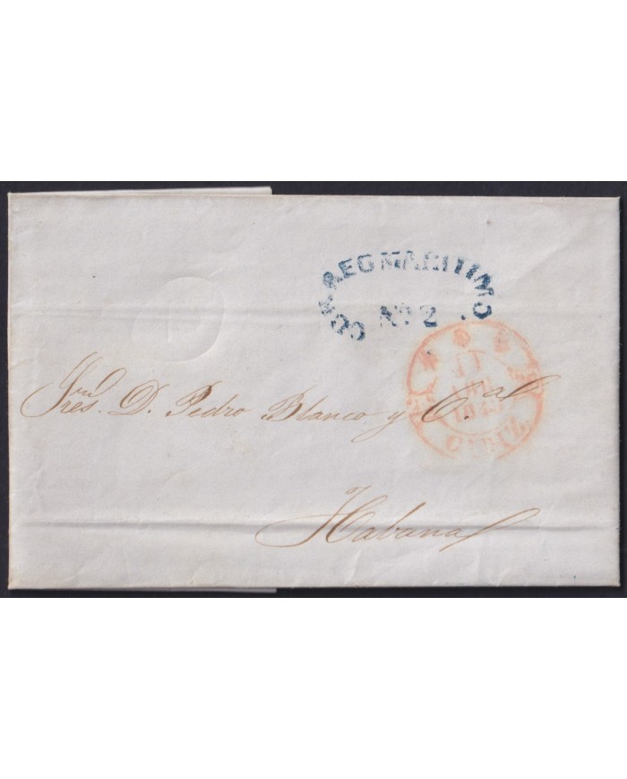 PREFI-810 ESPAÑA SPAIN 1845 CADIZ COVER TO CUBA “CORREO MARTIMO Nº2” BLUE POSTMARK.