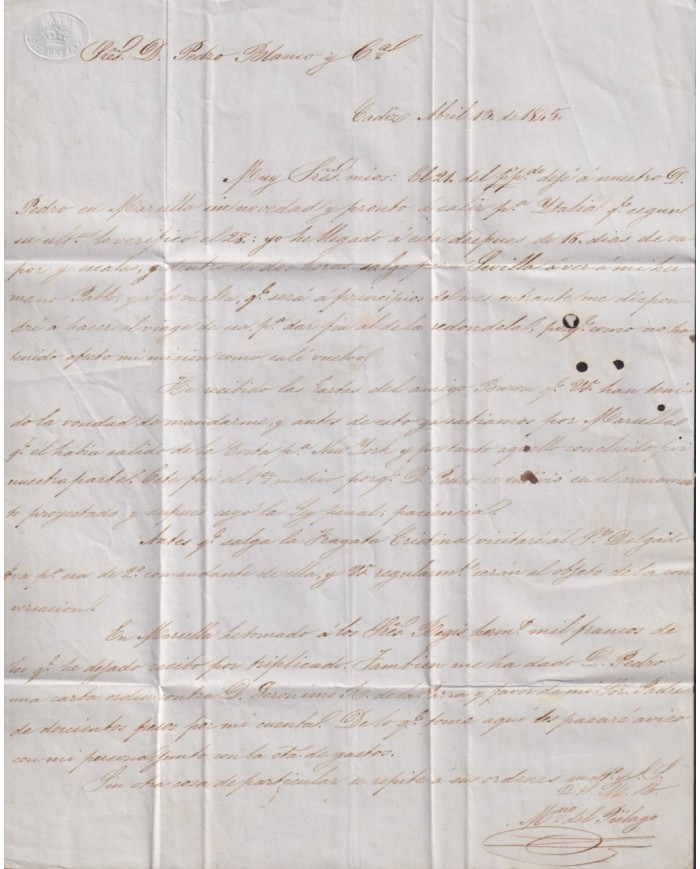 PREFI-810 ESPAÑA SPAIN 1845 CADIZ COVER TO CUBA “CORREO MARTIMO Nº2” BLUE POSTMARK.