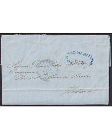 PREFI-811 ESPAÑA SPAIN 1846 MADRID COVER TO CUBA “CORREO MARTIMO Nº3” BLUE POSTMARK.