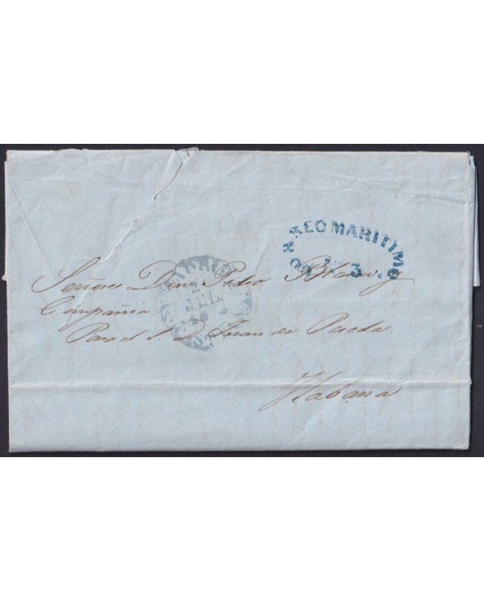 PREFI-811 ESPAÑA SPAIN 1846 MADRID COVER TO CUBA “CORREO MARTIMO Nº3” BLUE POSTMARK.